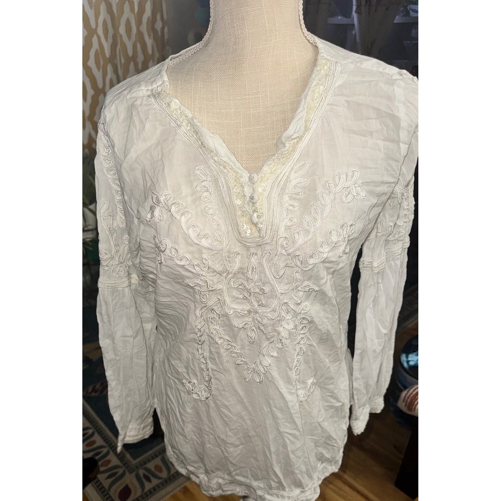 Soft Surroundings M White Cotton Soutache Embroidered Sequin Tunic Blouse  Boho